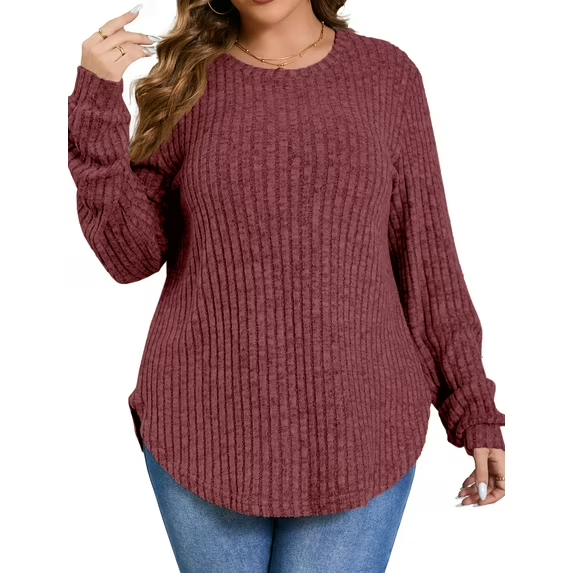 Fantaslook Womens Plus Size Tops Crewneck Long Sleeve Shirts Loose Tunic Tops Curved Hem Fall Pullover