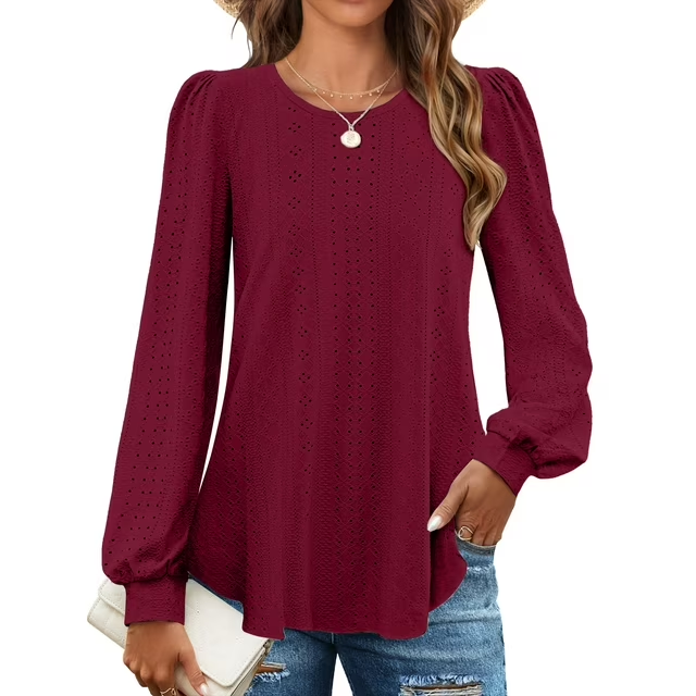 Fantaslook Eyelet Blouses for Women Dressy Casual Long Sleeve Shirts Crew Neck Fall Trendy Tops
