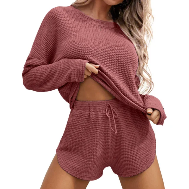 Fantaslook Pajamas Sets for Women Waffle Knit Lounge Sets Long Sleeve Top and Shorts Outfits Loungewear with Pockets