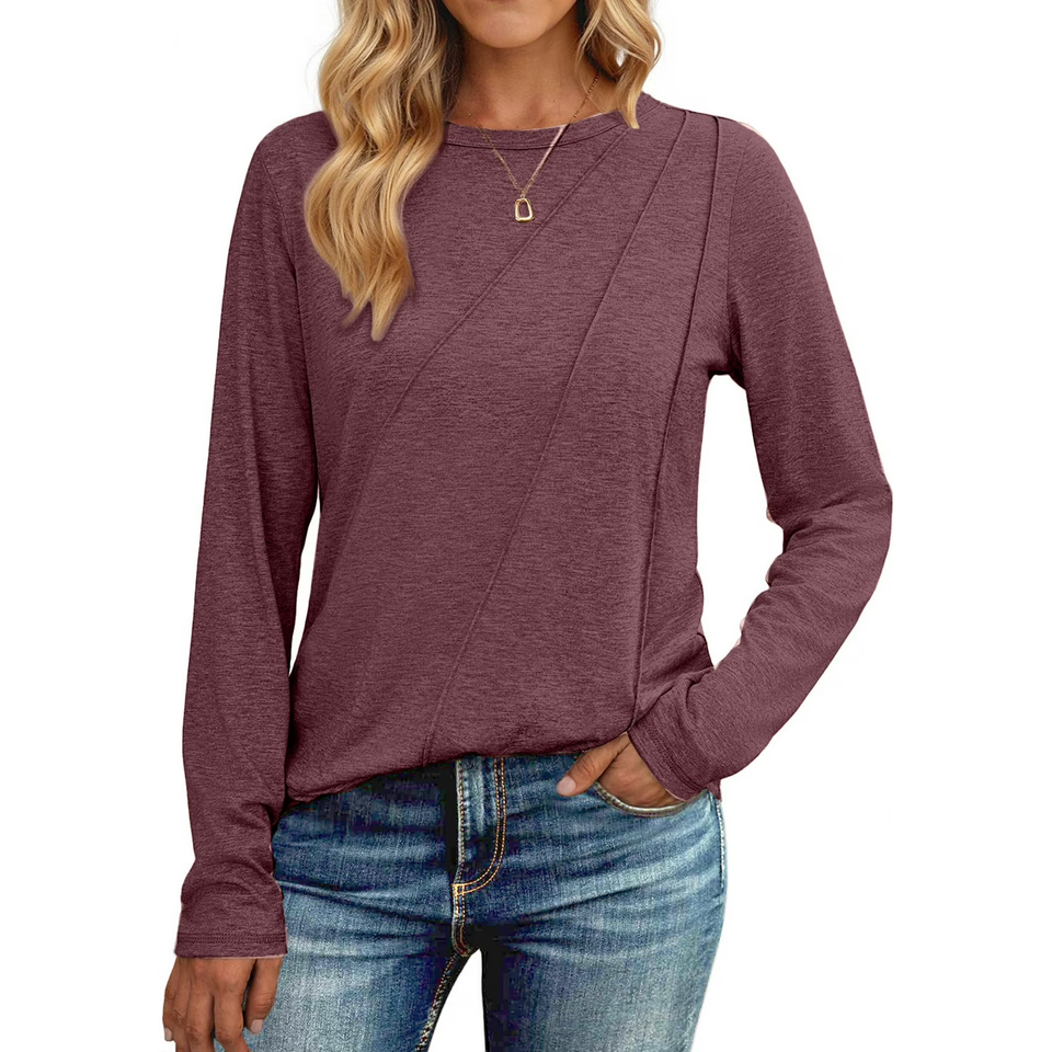 Fantaslook Long Sleeve Shirts for Women Pleated Crew Neck Casual Tops Fall Fashion Blouses Lightweight Clothes