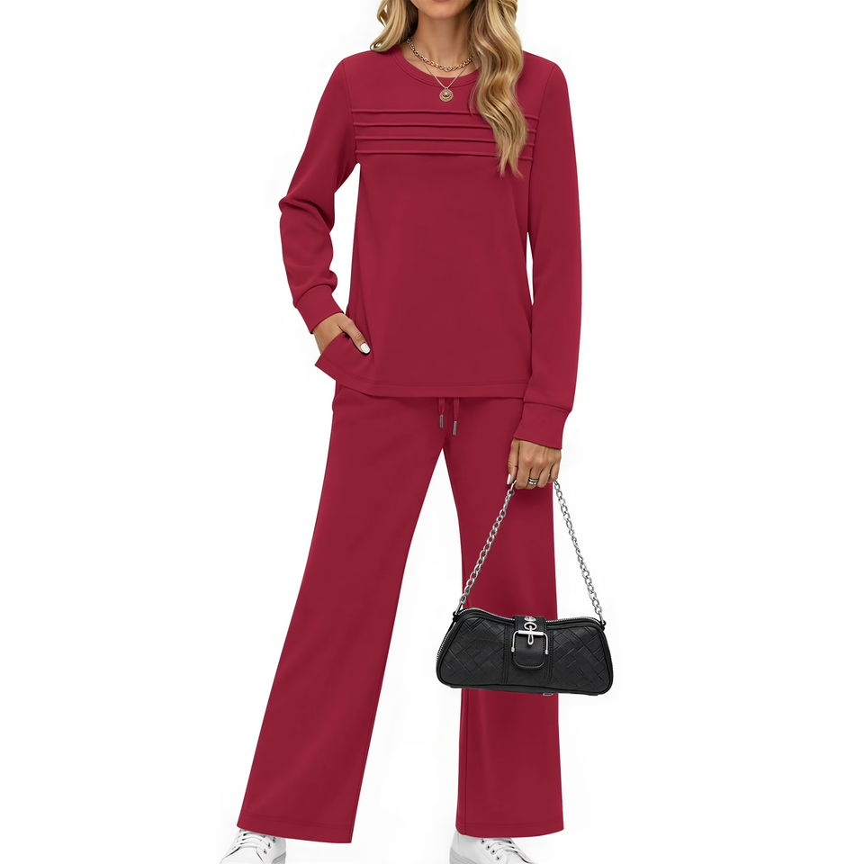 Fantaslook Two Piece Sets for Women Fall Travel Vacation Outfits Pleated Long Sleeve Lounge Sets Wide Leg Pants