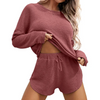 Fantaslook Pajamas Sets for Women Waffle Knit Lounge Sets Long Sleeve Top and Shorts Outfits Loungewear with Pockets