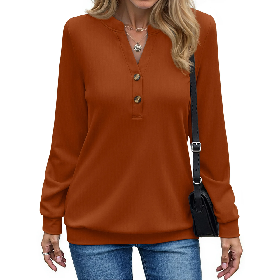 Fantaslook V Neck Sweatshirts for Women Casual Long Sleeve Shirts Button Pullover Tops Fashion Fall Outfits