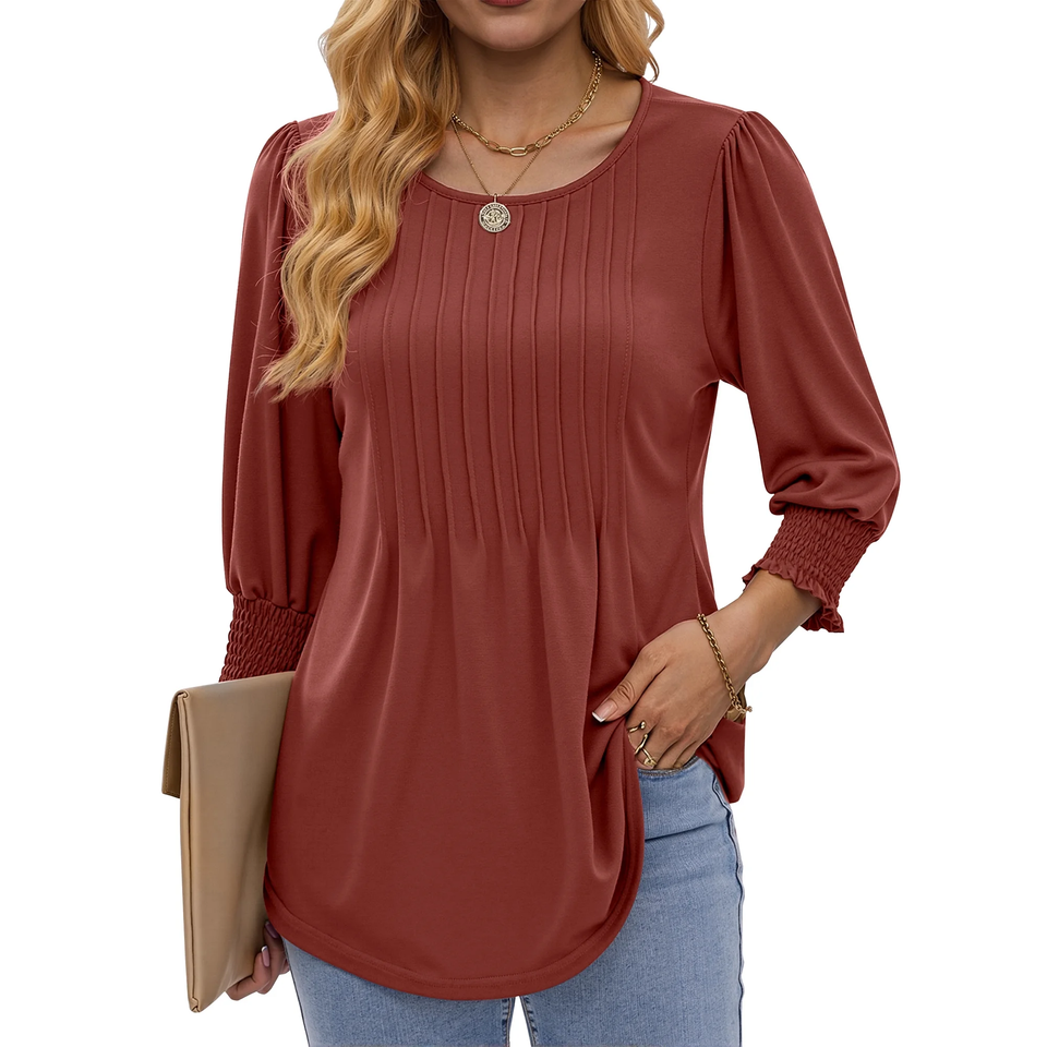 Fantaslook Pleated Blouses for Women Dressy Casual 3/4  Sleeve Womens Tops with Smocked Cuffs Summer Fall Shirts
