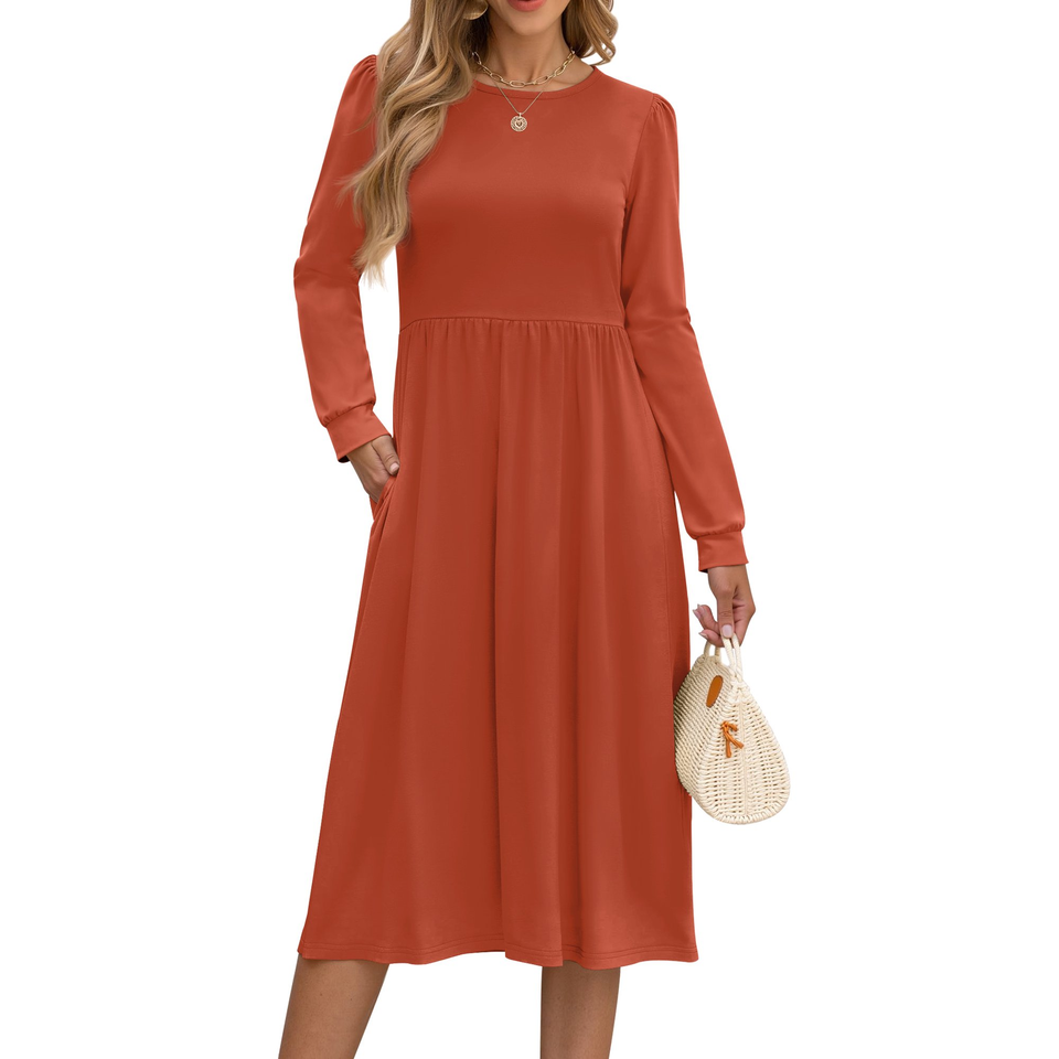Fantaslook Long Sleeve Midi Dresses for Women Casual Floral Dress Flowy Fall Dresses with Pockets