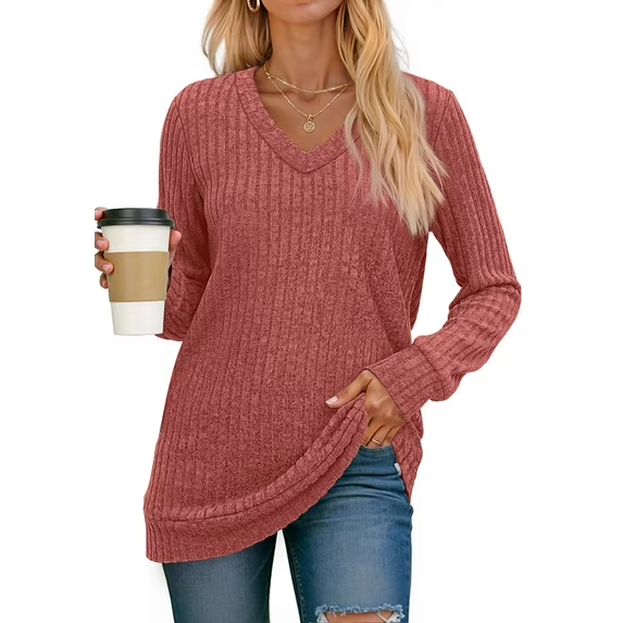 Fantaslook V Neck Long Sleeve Shirts for Women Dressy Casual Fall Tops Lightweight Tunic Pullover Fashion Clothes