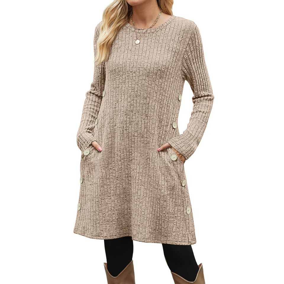 Fantaslook Long Sleeve Womens Dresses Crew Neck Buttons Tunic Dress with Pockets