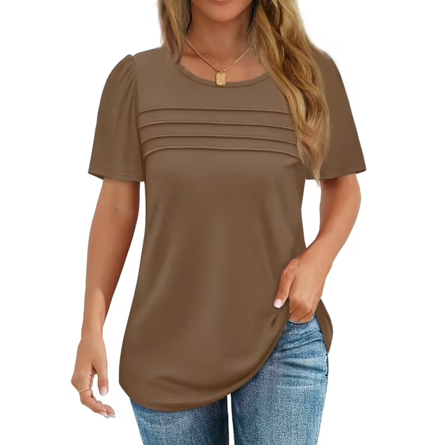Fantaslook Women Blouses Dressy Casual Summer Short Sleeve Shirts Crew Neck Pleated Tunic Tops
