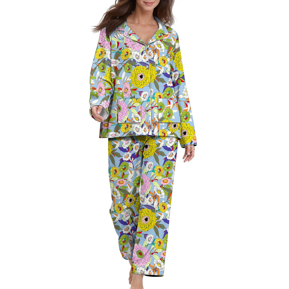 Fantaslook Womens Pajama Sets Button Down 2 Piece Pjs Long Sleeve Loose Floral Sleepwear with Pockets