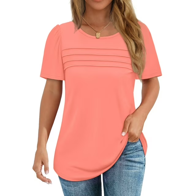 Fantaslook Women Blouses Dressy Casual Summer Short Sleeve Shirts Crew Neck Pleated Tunic Tops