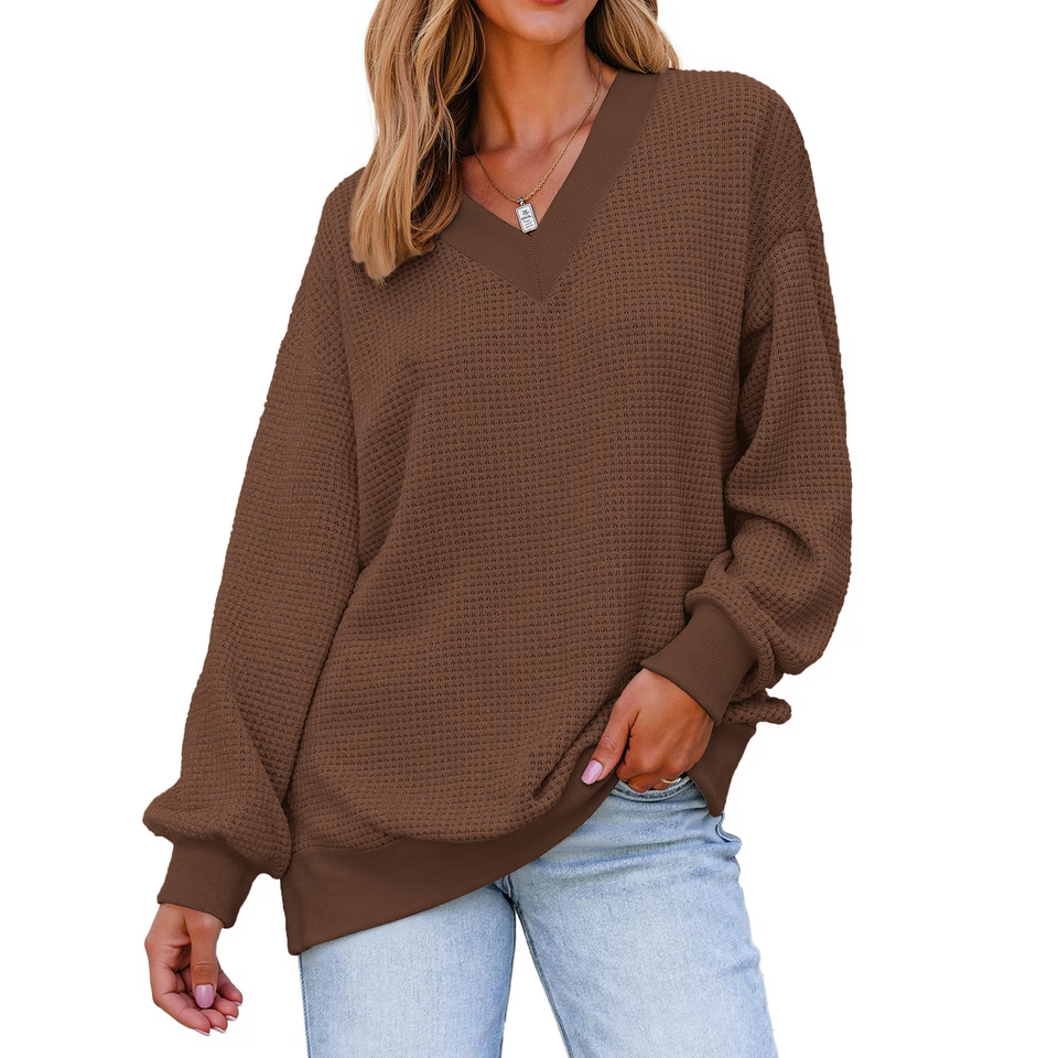 Fantaslook Waffle Knit Womens Sweatshirts Long Sleeve V Neck Shirt Loose Fall Outfits Pullover Casual Tops