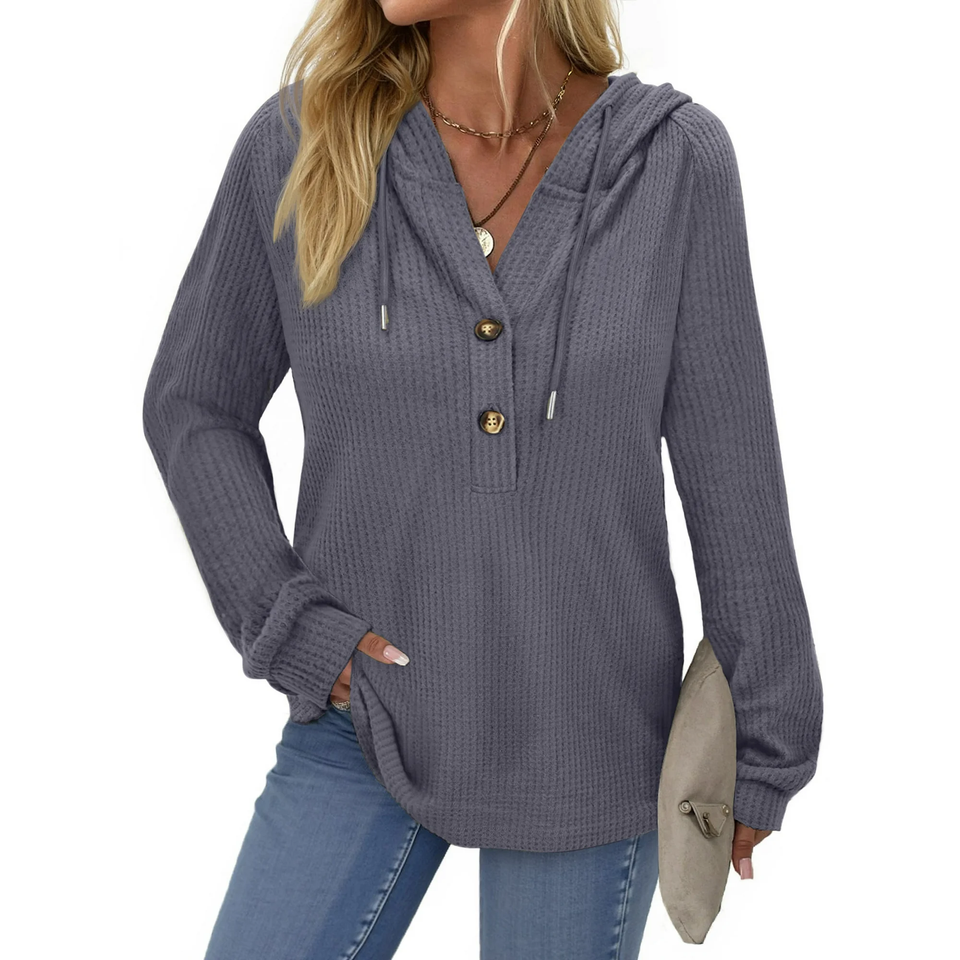 Fantaslook Hoodies for Women Waffle Knit Sweatshirts Drawstring Long Sleeve Tops Button V Neck Pullover