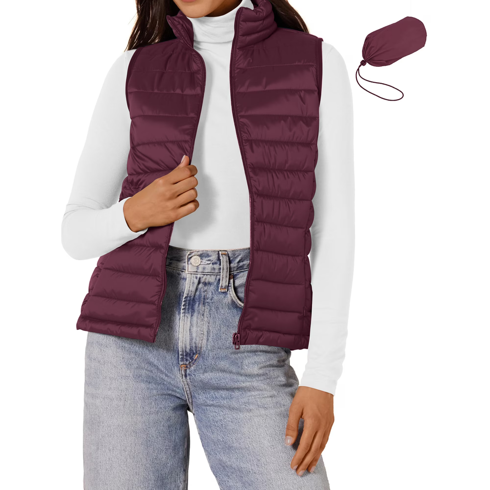 Fantaslook Womens Duck Down Puffer Vest Packable Quilted Sleeveless Stand Collar Zip Up Water-Resistant Coat Outerwear Winter Vests with Pockets