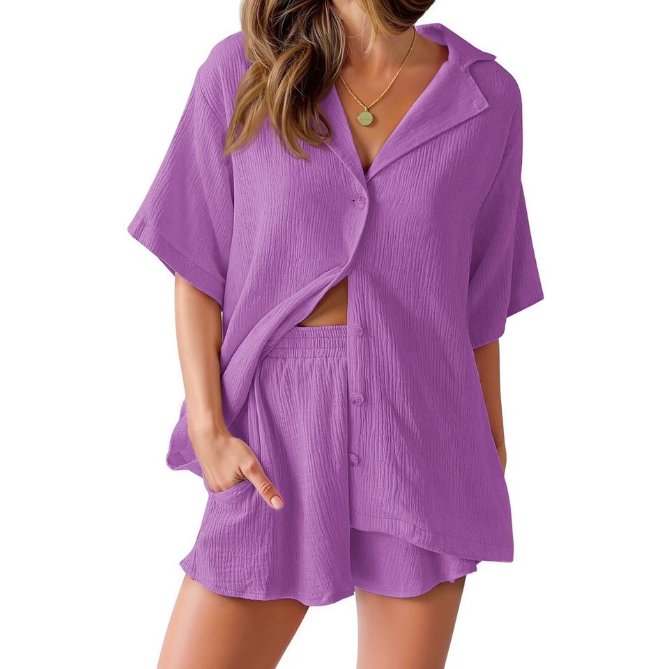 Fantaslook 2 Piece Womens Outfit Sets Button Down Shirts and Shorts Casual Lounge Sets Short Sleeve Pajamas Sets Summer Loungewear