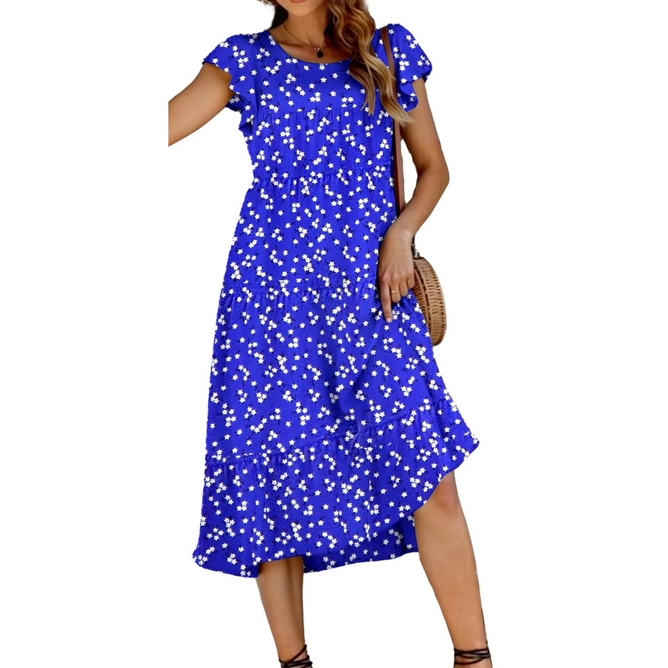 Fantaslook Dresses for Women Summer Casual Boho Dress Floral Print Ruffle Sleeve Midi Beach Dresses