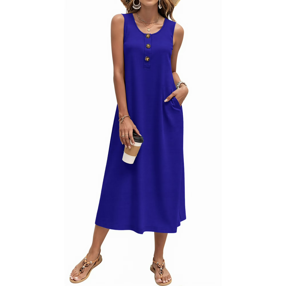 Fantaslook Long Tank Dresses for Women Summer Sleeveless Button Down Dress Casual Loose Beach Vacation Sundress
