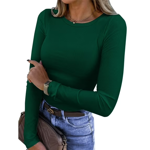Fantaslook Fitted Long Sleeve Shirts for Women Stretch Casual Basic Tops Crewneck Ribbed Tees Shirts