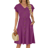 Fantaslook Women Summer Dresses V Neck Ruffle Sleeve Casual Flowy Sundresses Button Floral Midi Dress with Pockets