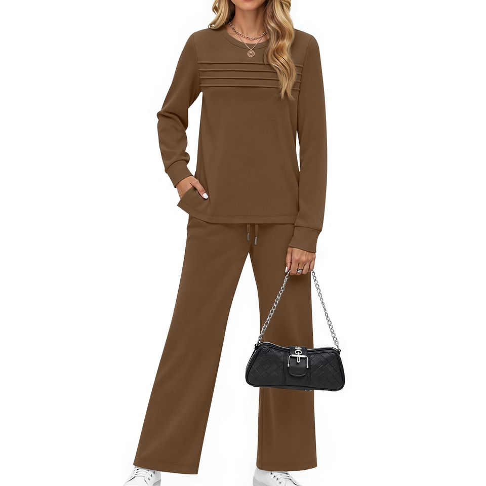 Fantaslook Two Piece Sets for Women Fall Travel Vacation Outfits Pleated Long Sleeve Lounge Sets Wide Leg Pants