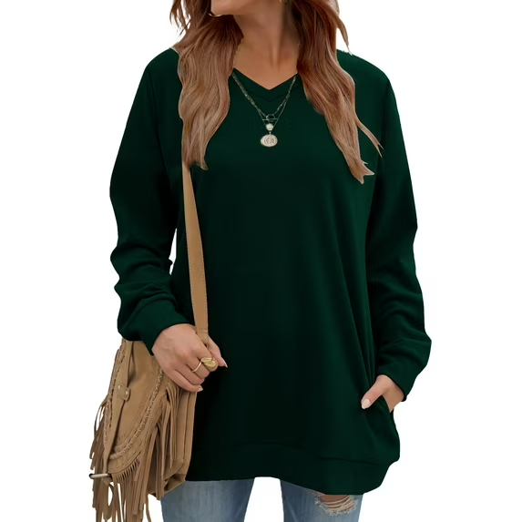 Fantaslook V Neck Sweatshirts for Women Casual Long Sleeve Tops Oversized Sweatshirt With Pockets