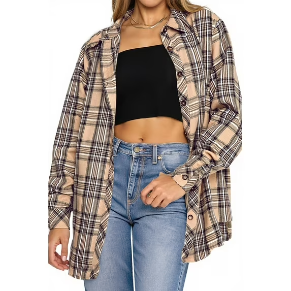 Fantaslook Plaid Flannel Shirts for Women Oversized Long Sleeve Button Down Shirts Blouses Tops