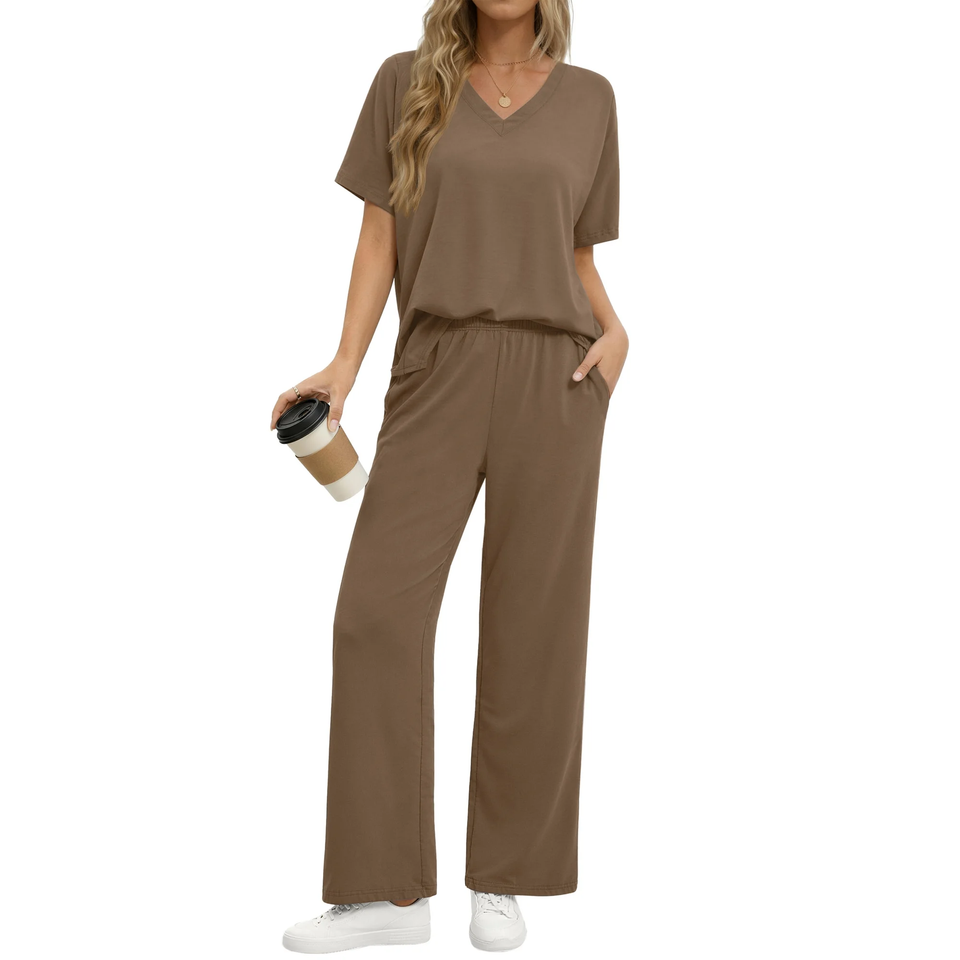 Fantaslook Lounge Sets for Women Casual 2 Piece Outfits Summer V Neck Short Sleeve Tops and Wide Leg Pants Pajamas Sets