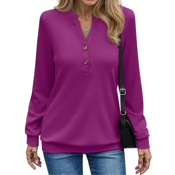 Fantaslook V Neck Sweatshirts for Women Casual Long Sleeve Shirts Button Pullover Tops Fashion Fall Outfits