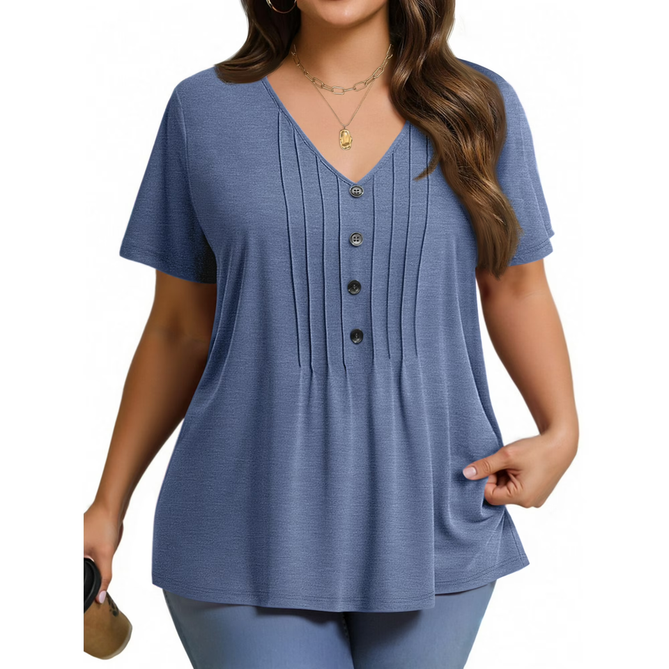 Fantaslook Plus Size Blouses for Women Pleated Button Short Sleeve Shirts Casual V Neck Tunic Tops