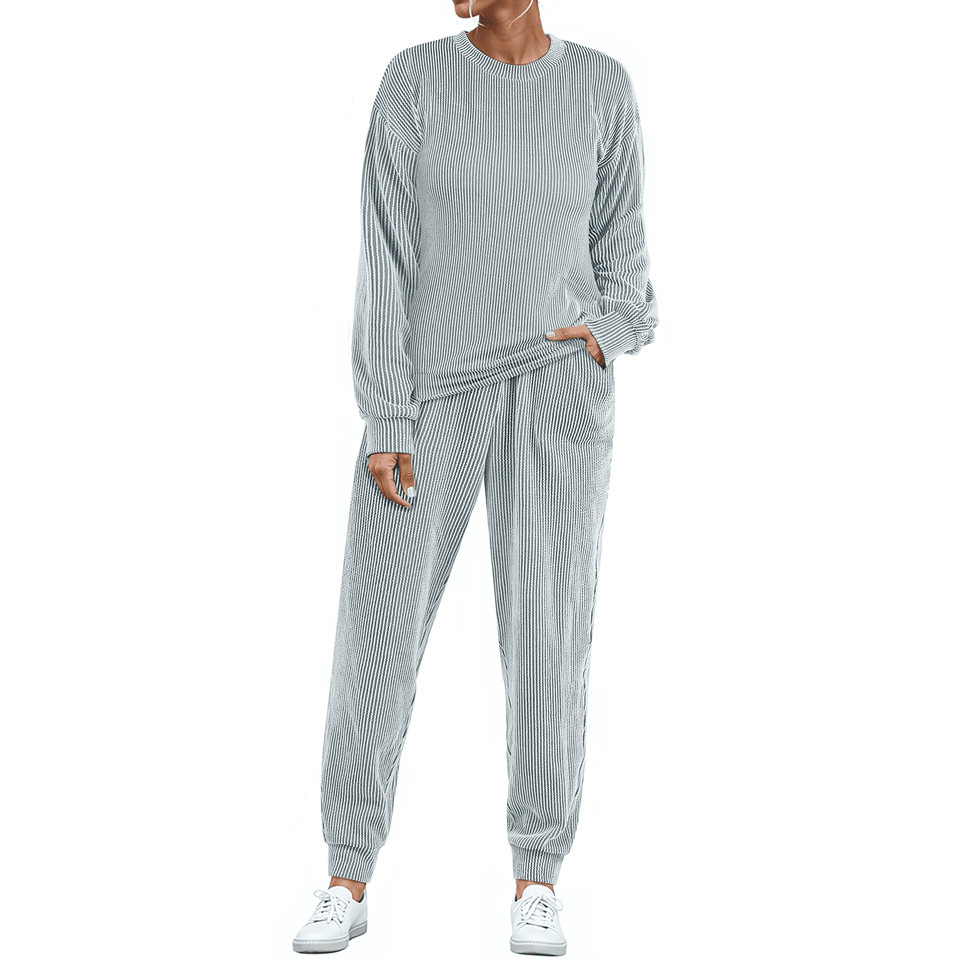 Fantaslook Womens Two Piece Sets Crewneck Long Sleeve Ribbed Sweatsuits Pullover Lounge Set with Pockets Casual Tracksuit Fall Outfits