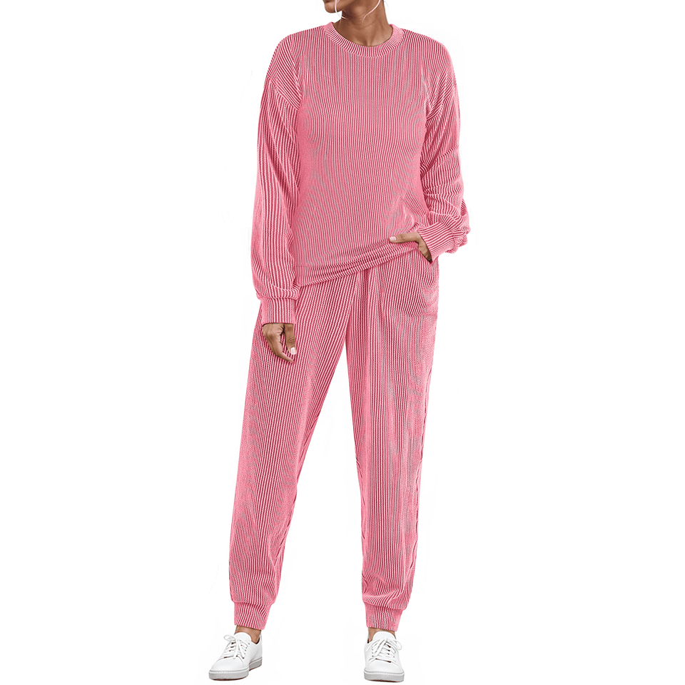 Fantaslook Womens Two Piece Sets Crewneck Long Sleeve Ribbed Sweatsuits Pullover Lounge Set with Pockets Casual Tracksuit Fall Outfits