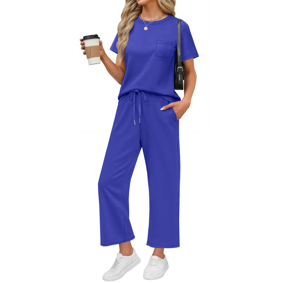 Fantaslook 2 Piece Sets for Women Casual Summer Travel Vacation Outfits Short Sleeve Tops Wide Leg Pants Lounge Sets