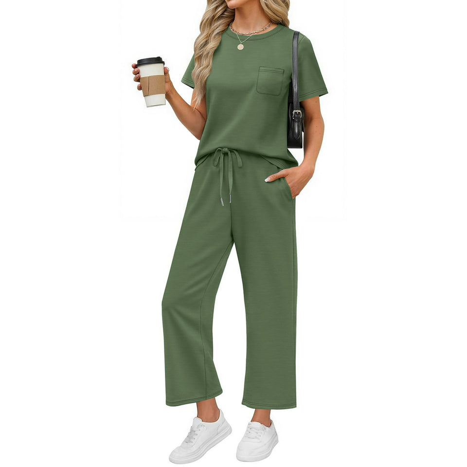 Fantaslook 2 Piece Sets for Women Casual Summer Travel Vacation Outfits Short Sleeve Tops Wide Leg Pants Lounge Sets