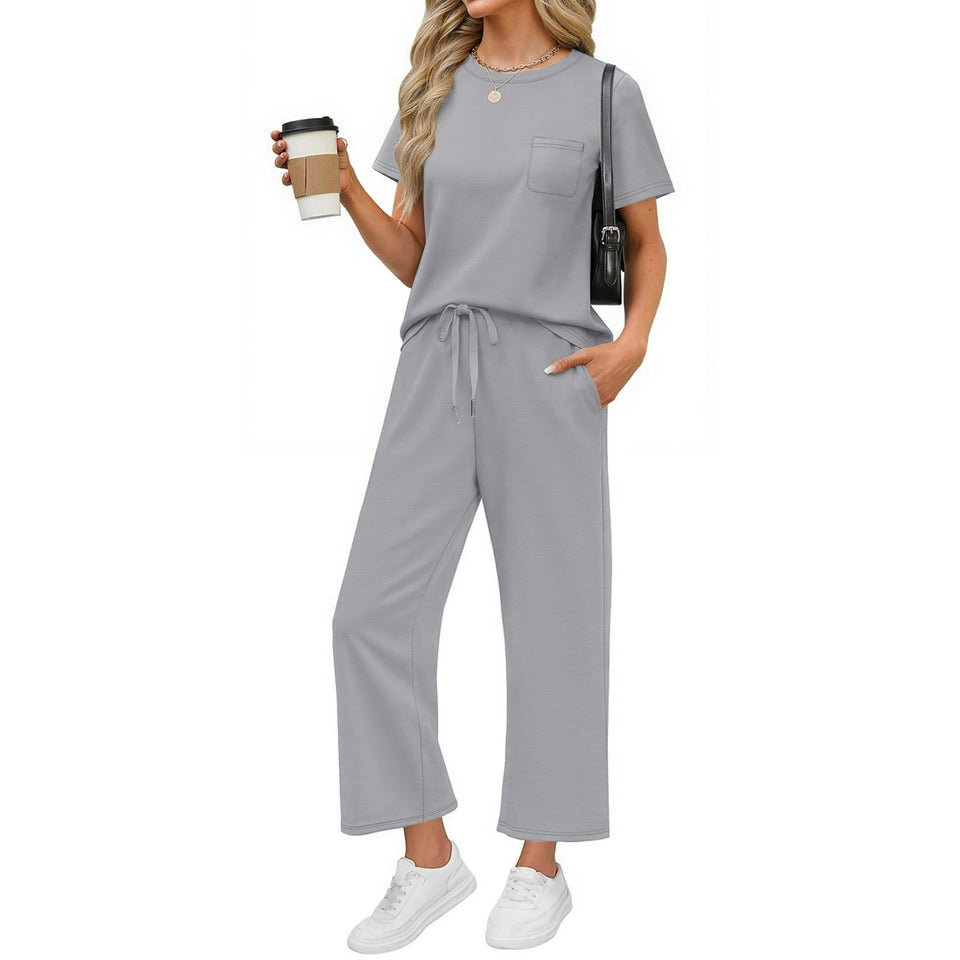 Fantaslook 2 Piece Sets for Women Casual Summer Travel Vacation Outfits Short Sleeve Tops Wide Leg Pants Lounge Sets