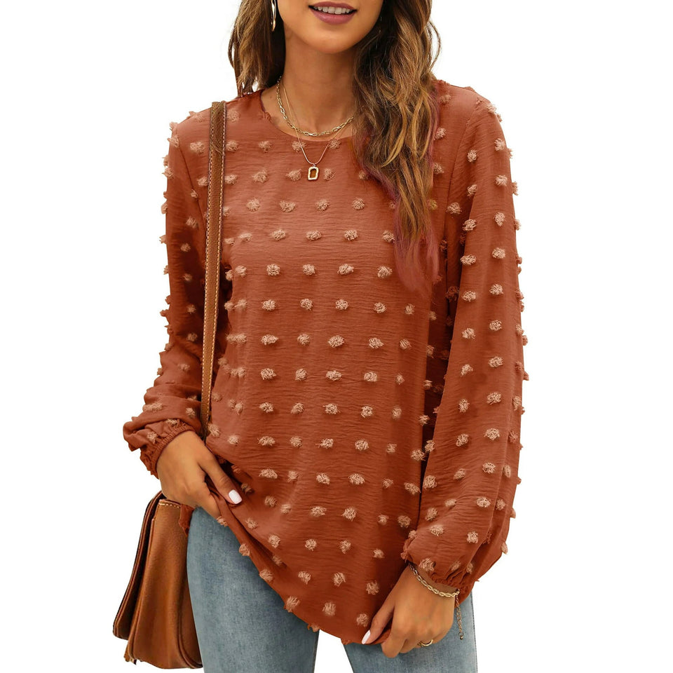 Fantaslook Blouses for Women Crewneck Long Sleeve Tops Chiffon Pom Pom Shirts Fall Casual