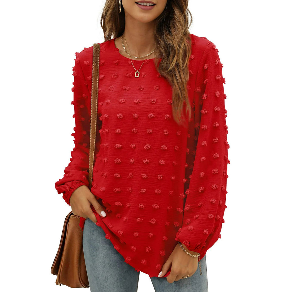 Fantaslook Blouses for Women Crewneck Long Sleeve Tops Chiffon Pom Pom Shirts Fall Casual