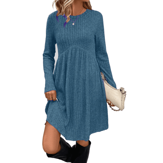 Fantaslook Fall Long Sleeve Dresses for Women Crew Neck Empire Waist Tunic Dress with Pockets Sweater Dress