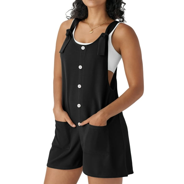 Fantaslook Waffle Jumpsuits for Women Summer Trendy Button Sleeveless Romper Ajustable Strap Shorts Overalls with Pockets