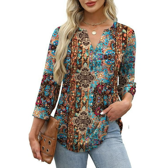 Fantaslook Womens Blouses 3/4 Sleeve V Neck Henley Shirts Dressy Casual Tops Summer Fall Fashion Clothes