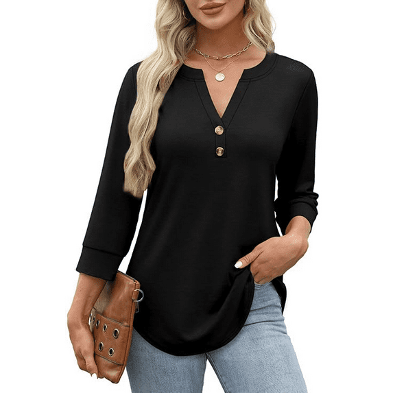 Fantaslook Womens Blouses 3/4 Sleeve V Neck Henley Shirts Dressy Casual Tops Summer Fall Fashion Clothes
