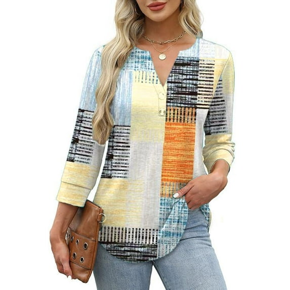 Fantaslook Womens Blouses 3/4 Sleeve V Neck Henley Shirts Dressy Casual Tops Summer Fall Fashion Clothes