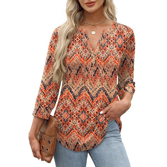 Fantaslook Womens Blouses 3/4 Sleeve V Neck Henley Shirts Dressy Casual Tops Summer Fall Fashion Clothes