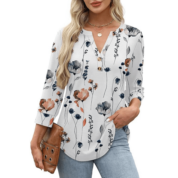 Fantaslook Womens Blouses 3/4 Sleeve V Neck Henley Shirts Dressy Casual Tops Summer Fall Fashion Clothes