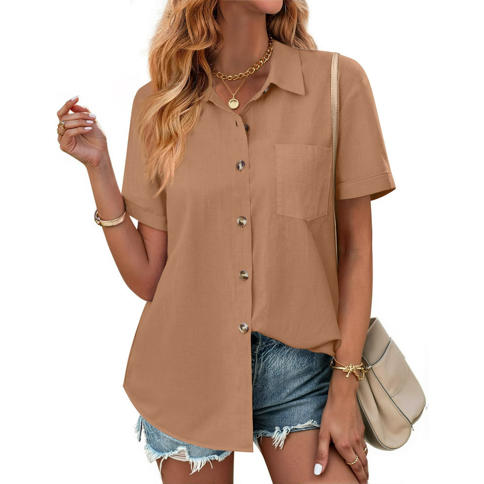 Fantaslook Womens Button Down Shirts Lapel Short Sleeve Shirt Collared Pocketed Casual Blouses Summer Tops