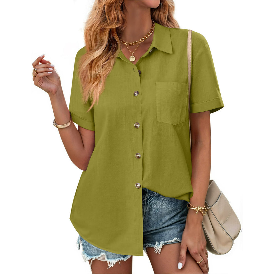 Fantaslook Womens Button Down Shirts Lapel Short Sleeve Shirt Collared Pocketed Casual Blouses Summer Tops
