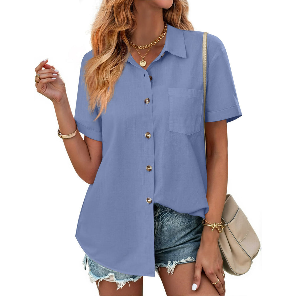 Fantaslook Womens Button Down Shirts Lapel Short Sleeve Shirt Collared Pocketed Casual Blouses Summer Tops