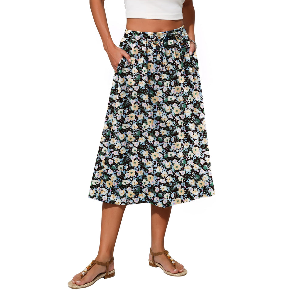 Fantaslook Womens Midi Skirts Elastic High Waist Skirt Flowy Trendy Skirts with Pockets