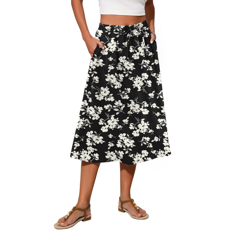 Fantaslook Womens Midi Skirts Elastic High Waist Skirt Flowy Trendy Skirts with Pockets