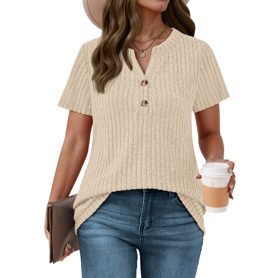 Fantaslook Womens Tops V Neck Short Sleeve Sweater Shirts Dressy Casual Tunic Blouses Summer Tops with Button