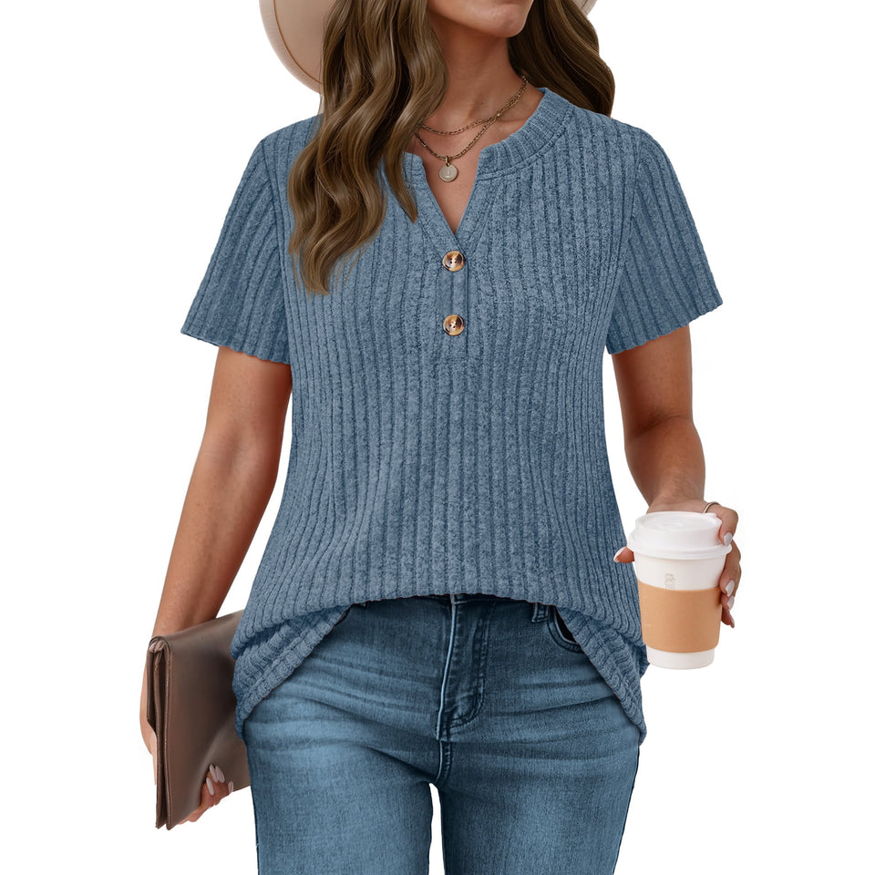 Fantaslook Womens Tops V Neck Short Sleeve Sweater Shirts Dressy Casual Tunic Blouses Summer Tops with Button
