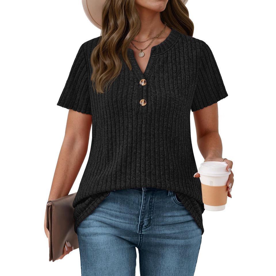 Fantaslook Womens Tops V Neck Short Sleeve Sweater Shirts Dressy Casual Tunic Blouses Summer Tops with Button